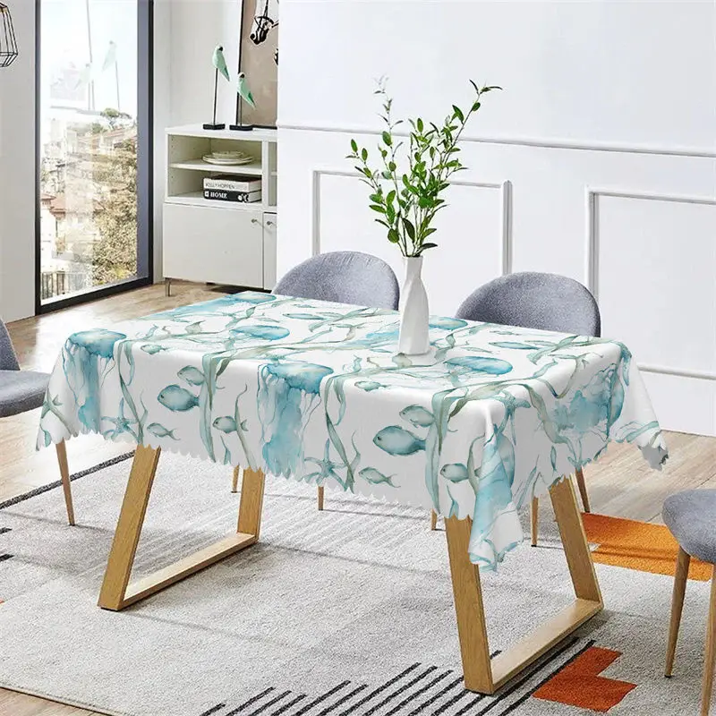 Blue Fish Seaweed Patterns Rectangle Tablecloth - Aperturee
