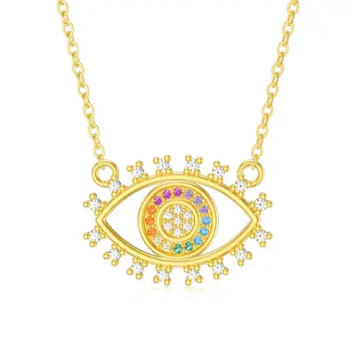 14K Gold Round Cubic Zirconia Rainbow Pendant Necklace