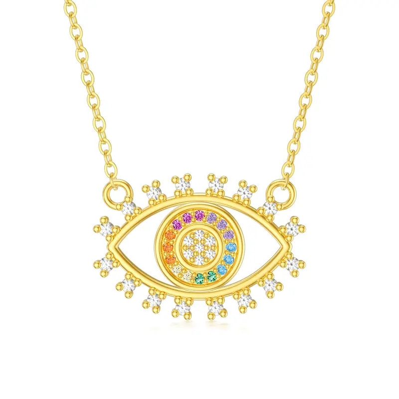 14K Gold Round Cubic Zirconia Rainbow Pendant Necklace