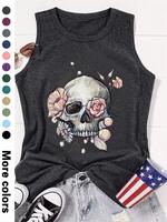Women's Floral & Skull Print Round Neck Tank Top, Casual Sleeveless Crew Neck Top for Summer, Ladies Clothes for Daily Wear