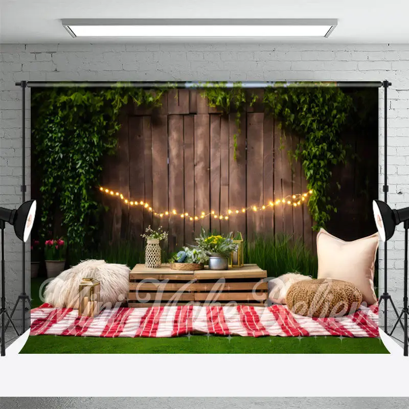 Green Leaves Wood Fence Grass Picnic Photo Backdrop - Aperturee