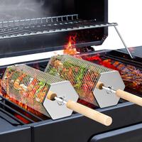 Ivtivfu Rolling Grill Baskets (2PCS), Removable Wooden Handle, Nesting Design, 304 Stainless Steel, Heavy Duty Grilling Cage ...