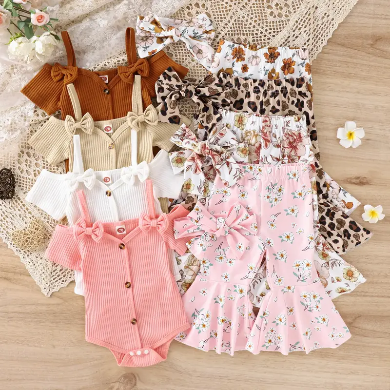 3Pcs Baby Girl Spring Outfits, Short Sleeve Cold Shoulder Romper + Flare Pants + Headband Set,3-24months