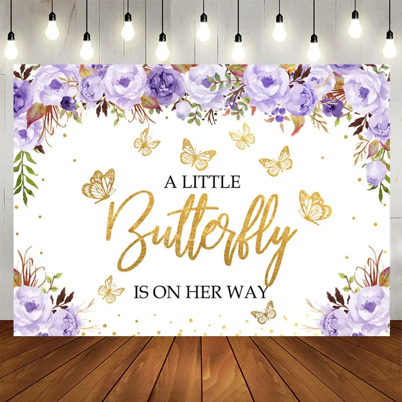 Aperturee Purple Floral Gold Butterfly Baby Shower Backdrop