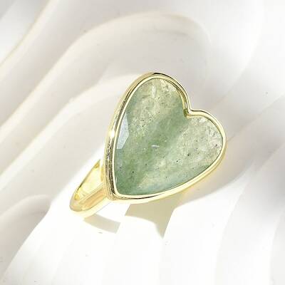 Heart Brass Natural Green Strawberry Quartz  Finger Rings