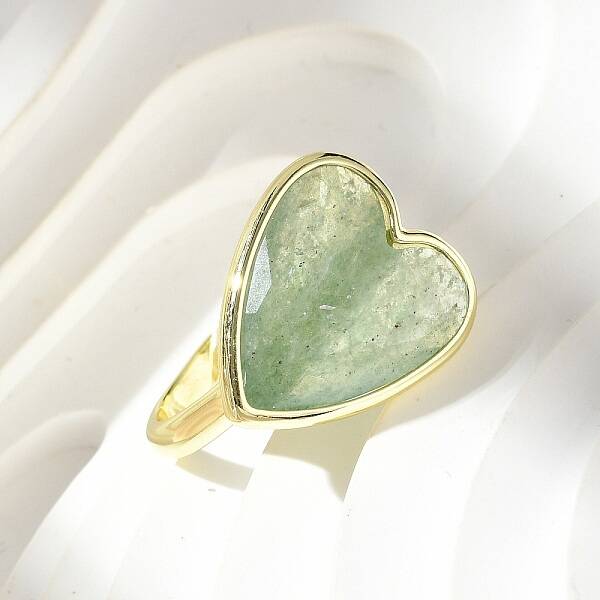 Heart Brass Natural Green Strawberry Quartz  Finger Rings