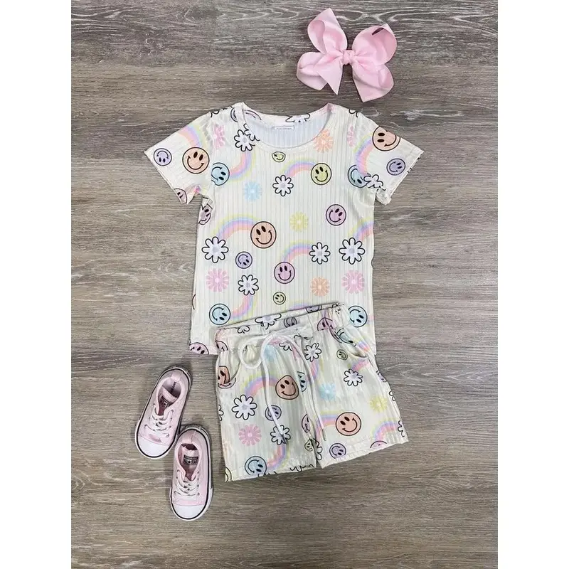 Smiles & Sunshine Girls or Toddler Size Retro Floral Light Yellow Matching Shorts Set