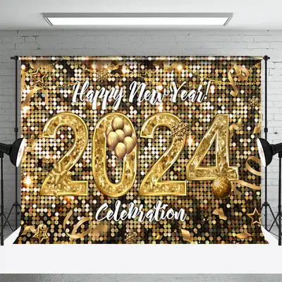 Aperturee Golden Pixel Balloon Happy New Year 2024 Backdrop