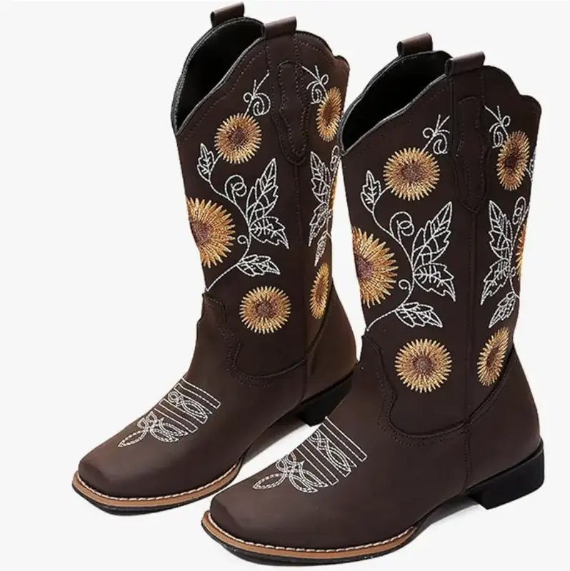 gloryinterest Cowboy Boots for Women Mid Calf Cowgirl Western Boots Sunflower Embroidery Stitched Square Toe Low Heel Black B...