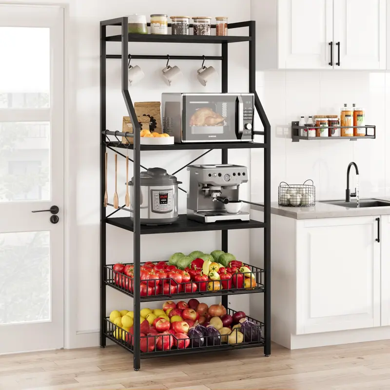 Garvee Kitchen Bakers Rack, Microwave Oven Stand with 2 Large Wire Baskets, Industrial Coffee Bar Station, 5-Tier Kitchen Uti...
