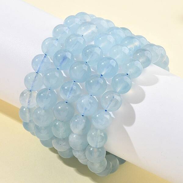 Natural Aquamarine Round Bead Stretch Bracelets for Men Women
