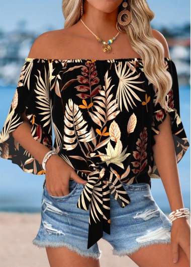 Modlily Multi Color Tie Plants Print Half Sleeve Blouse - XL