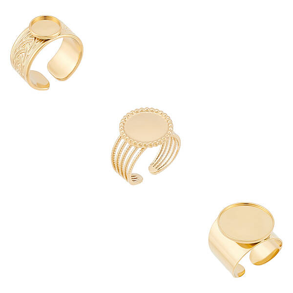 3Pcs 3 Styles 304 Stainless Steel Open Cuff Finger Ring Cabochon Settings