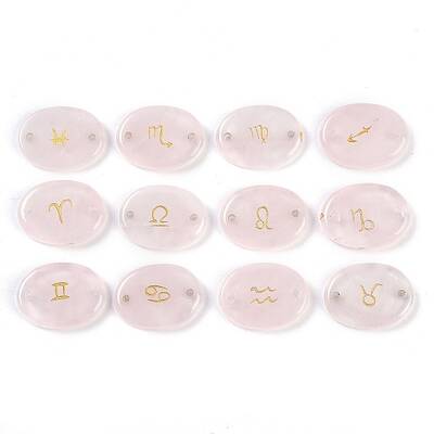 12Pcs 12 Styles Twelve Constellation Natural Rose Quartz Flat Oval Links Connector Charms