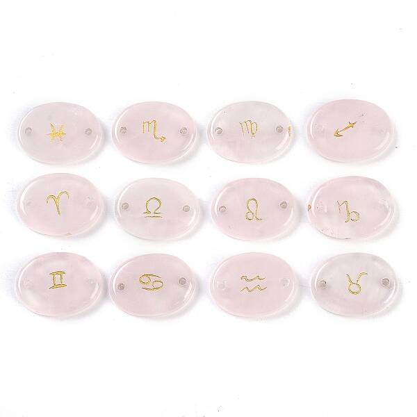12Pcs 12 Styles Twelve Constellation Natural Rose Quartz Flat Oval Links Connector Charms