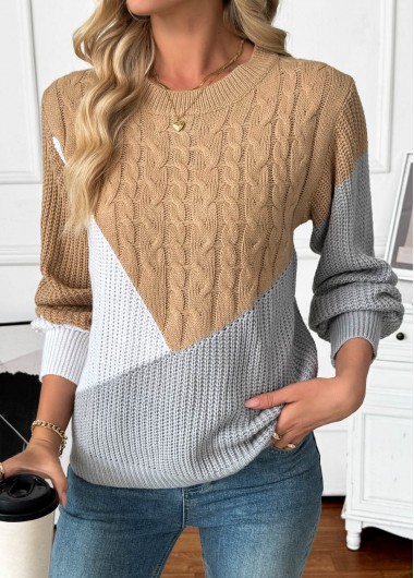 Modlily Dark Camel Tummy Coverage Long Sleeve Round Neck Sweater - S