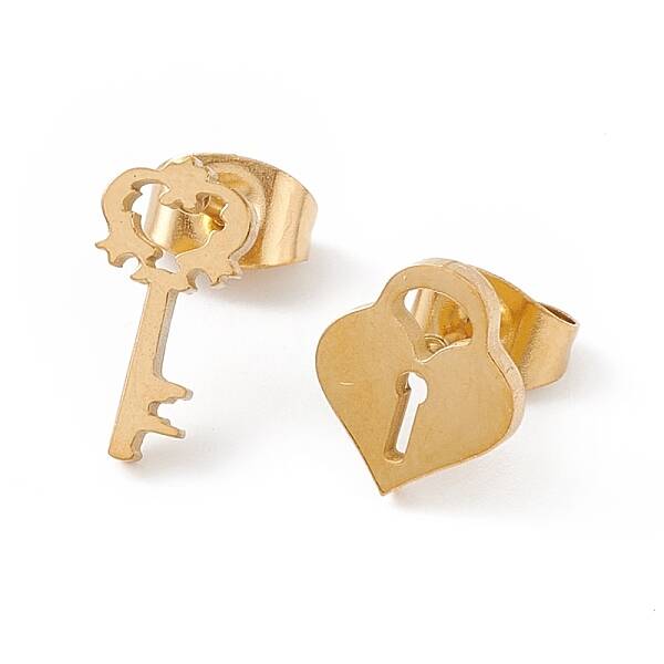304 Stainless Steel Padlock and Skeleton Key Asymmetrical Earrings