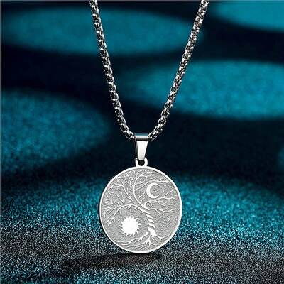Stainless Steel Viking Moon Sun Tree of Life Flat Round Pendant Box Chain Necklaces