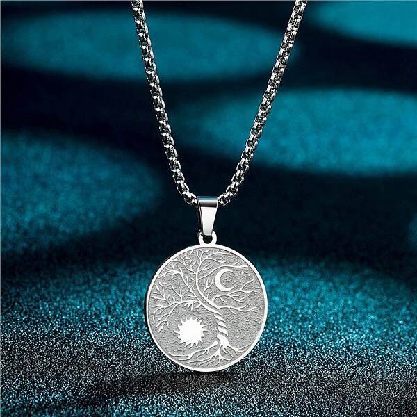 Stainless Steel Viking Moon Sun Tree of Life Flat Round Pendant Box Chain Necklaces