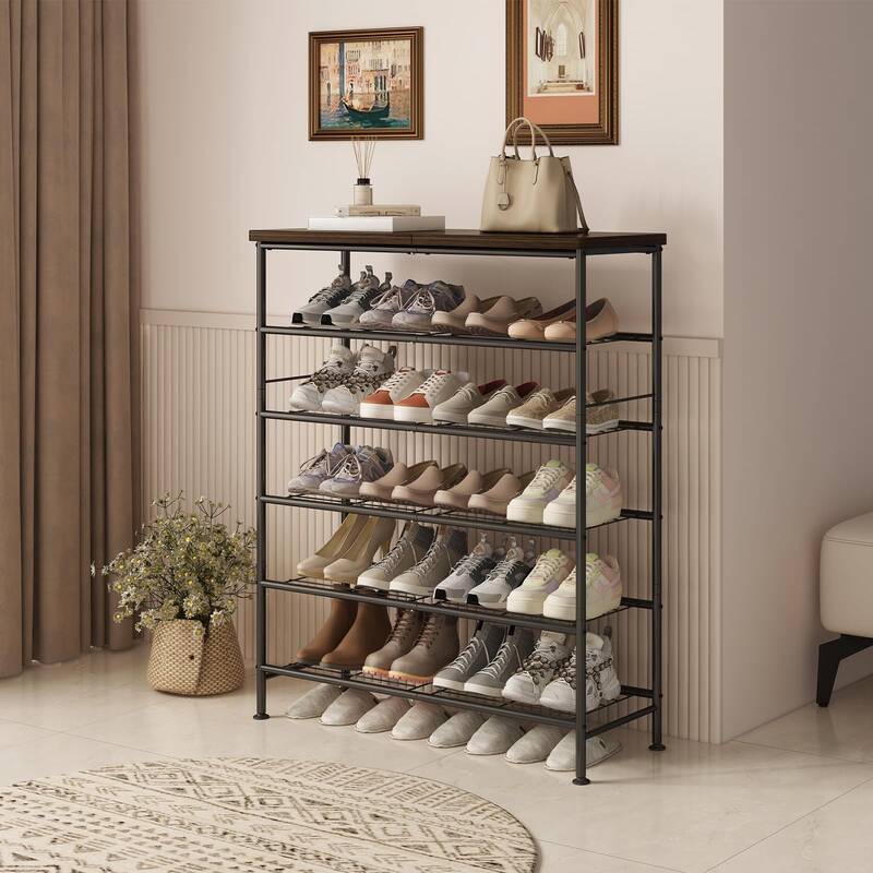 SUOERNUO 4 Tier 5 Tier 6 Tier Shoe Rack Organizer for Closet Entryway Free Standing Metal Storage Shelf with MDF Top Boa
