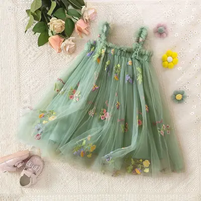 1 to 5 Years Summer Dress for Baby Girls Flower Cute Mesh Dress Birthday Party Princess Tulle Girl's Dress Suspender Kids Cas...