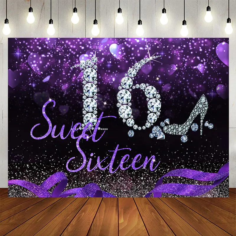 Aperturee Sweet 16 Silver Diamond Purple Birthday Backdrop