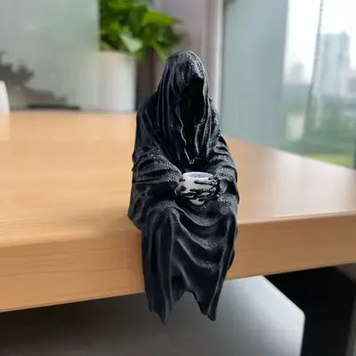 Seated Ghost With Tea Cup- 3D Printed Gothic Decoration, Skeleton Holding Cup, Halloween Horror Decor, Black Resin Figurine