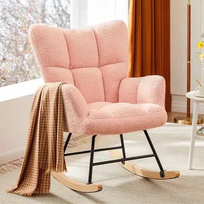 【Super Sale】Rocking Chair, Teddy Upholstered Glider Rocker with High Backrest, Reading Chair, Glider Chair for Nursery, L...