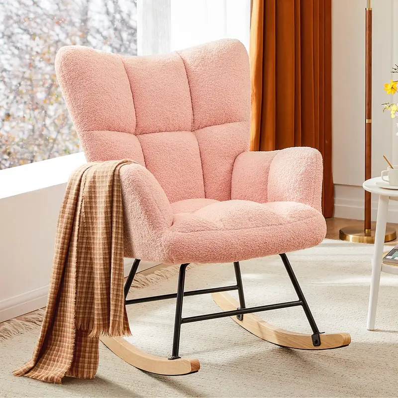 【Super Sale】Rocking Chair, Teddy Upholstered Glider Rocker with High Backrest, Reading Chair, Glider Chair for Nursery, L...