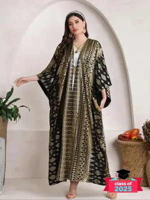 Women's Ethnic Pattern Embroidered Abaya, Modest Long Sleeve Open Front Abaya for Daily Wear, Ladies Islamic Clothing for All...