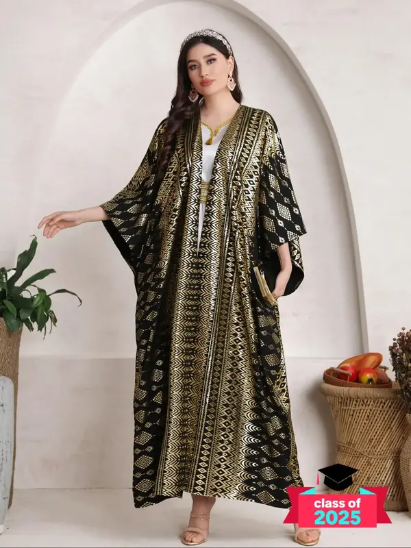 Women's Ethnic Pattern Embroidered Abaya, Modest Long Sleeve Open Front Abaya for Daily Wear, Ladies Islamic Clothing for All...