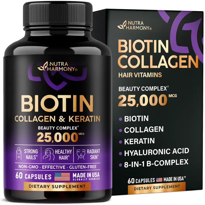Biotin, Collagen, Keratin & Hyaluronic Acid Hair Growth Support Supplement with Vitamins B1 | B2 | B3 | B6 | B7 for Women & M...