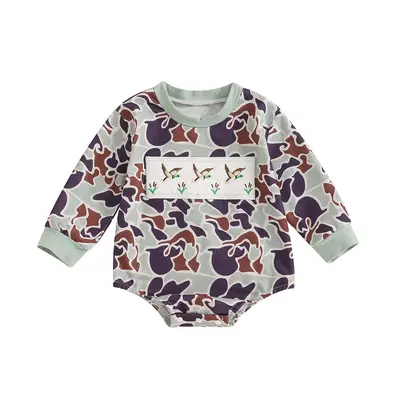 Baby Boys Autumn Romper 0-18M Infant Long Sleeve Crew Neck Duck Embroidery Camouflage Romper Bodysuit Clothing