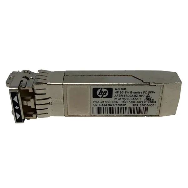AJ716B HP B-Series 8Gb/s 8GBase-SR Multi-Mode Fibre 850nm 300m Fibre Channel Duplex LC Connector SFP+ Transceiver Module