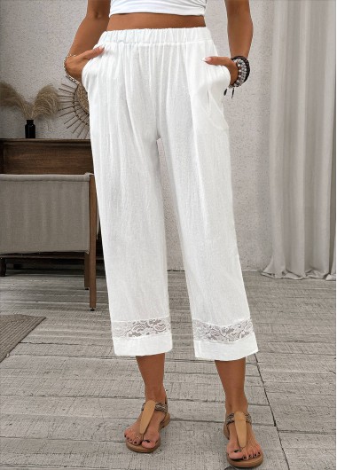 Modlily White Lace Straight Leg Elastic Waist High Waisted Pants - L
