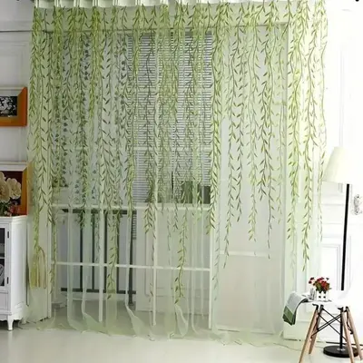 Willow Leaf Print Curtain, 2 Counts/set Semi-shading Curtain, Home Decorative Curtain for Living Room Bedroom Balcony