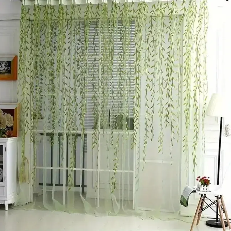 Willow Leaf Print Curtain, 2 Counts/set Semi-shading Curtain, Home Decorative Curtain for Living Room Bedroom Balcony