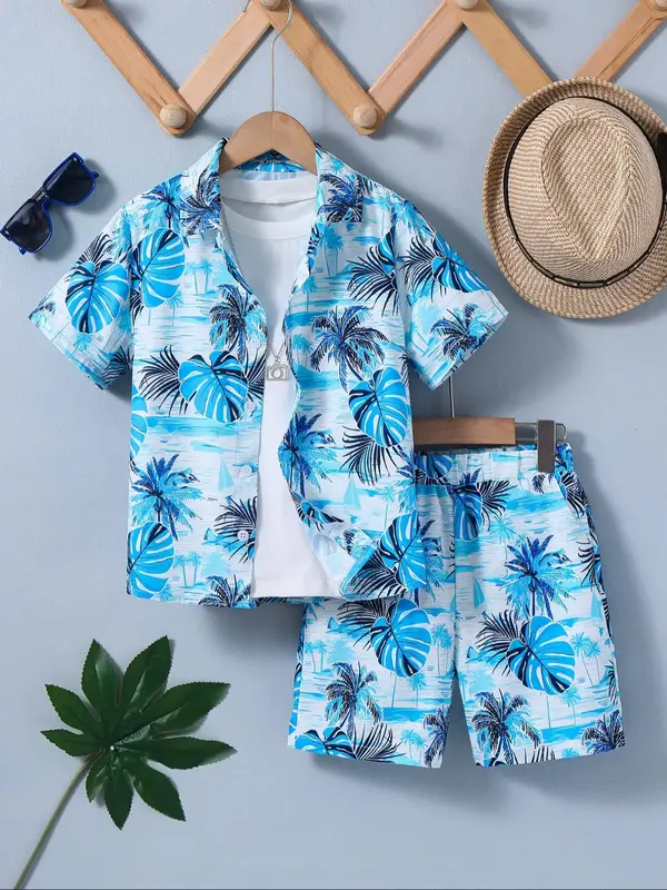Two-Piece Set Boy's Tropical Print Button Front Shirt & Pocket Shorts Set, Casual Short Sleeve Collared Top & Shorts for Beac...