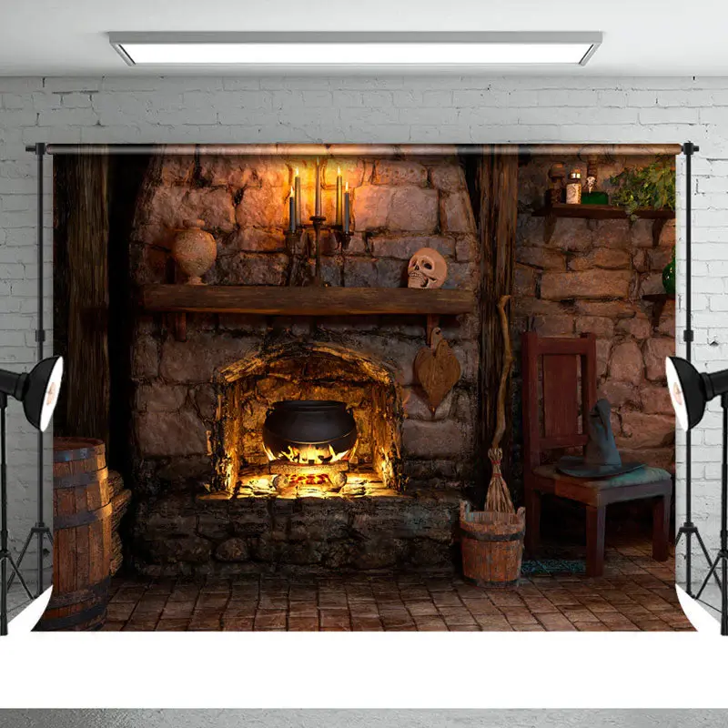 Lighting Fireplace With Skull Candle Halloween Backdrop - Aperturee