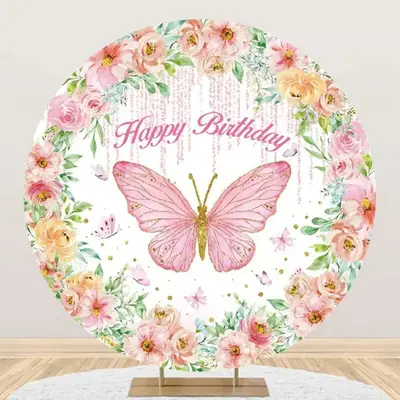 Colorful Floral Butterfly Round Birthday Backdrop - Aperturee