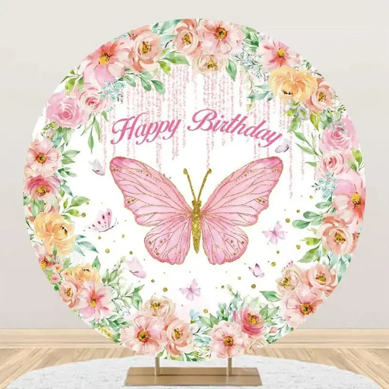 Colorful Floral Butterfly Round Birthday Backdrop - Aperturee