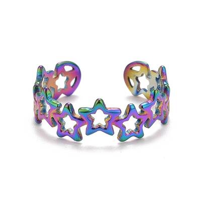 Rainbow Color Ion Plating(IP) 304 Stainless Steel Star Wrap Open Cuff Ring for Women