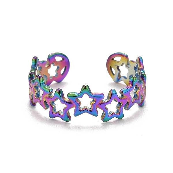 Rainbow Color Ion Plating(IP) 304 Stainless Steel Star Wrap Open Cuff Ring for Women