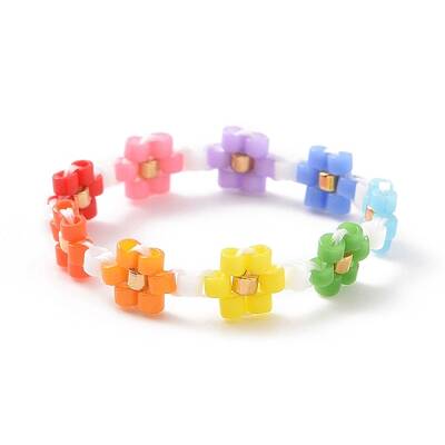 Glass Beaded Flower Wrap Stretch Finger Ring for Women