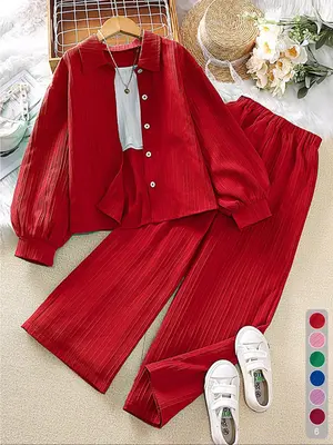 Girl's Solid Textured Button Front Blouse & Wide Leg Pants Set, National Day Clothing, Long Sleeve Top & Trousers for Daily O...