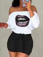 Women's Lip Print Off Shoulder Crop Top & Skinny Shorts Two-piece Set, Casual Fashion Top & Shorts for Daily Wear, Ladies Clo...