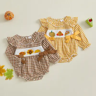 Infant Baby Girl Thanksgiving Romper Bows Pumpkin Turkey Plaid Ruffled Trim Long Sleeve Jumpsuit for Fall 0-18 Months