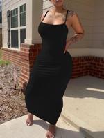 Women's Solid Ribbed Backless Cami Dress, Casual Sleeveless Bodycon Long Dress for Party Club Dating Wear, Women's Clothing f...