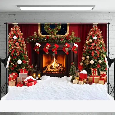 Aperturee Snowy Floor Fireplace Trees Merry Christmas Backdrop - Aperturee