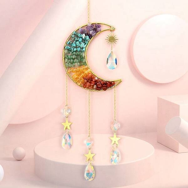 Copper Wire Wrapped Gemstone Chips & Metal Moon Pendant Decorations